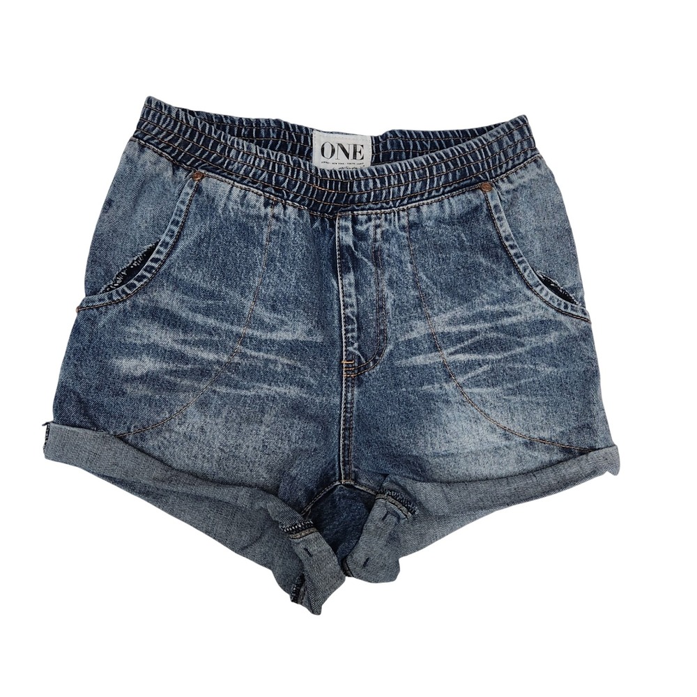 One Teaspoon Hunters Blue Acid Wash Elastic Waist Denim Shorts Women Small Y2K